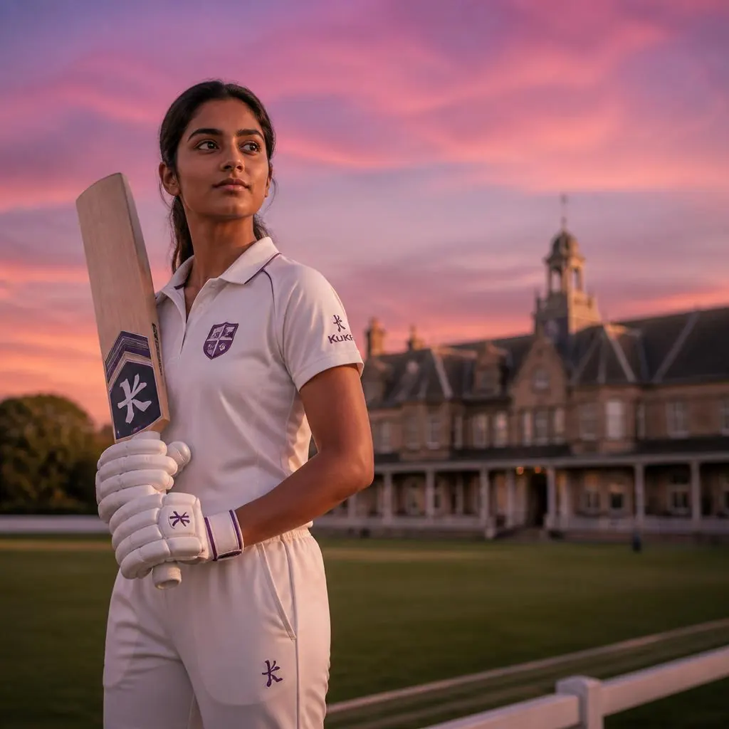 Young female cricketer in cricket whites at a UK private school ground