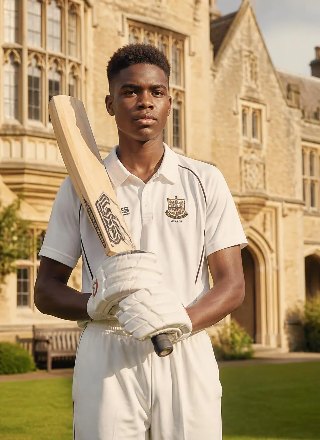 Young cricketer at a British private school pavilion